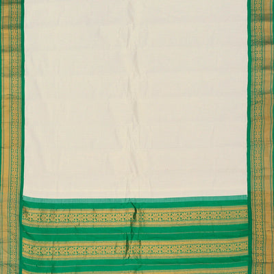 White Handloom Gadwal Cotton Saree With Checks & Green Border-White