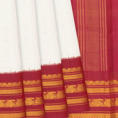 White Handloom Gadwal Cotton Saree With Contrast Border-White