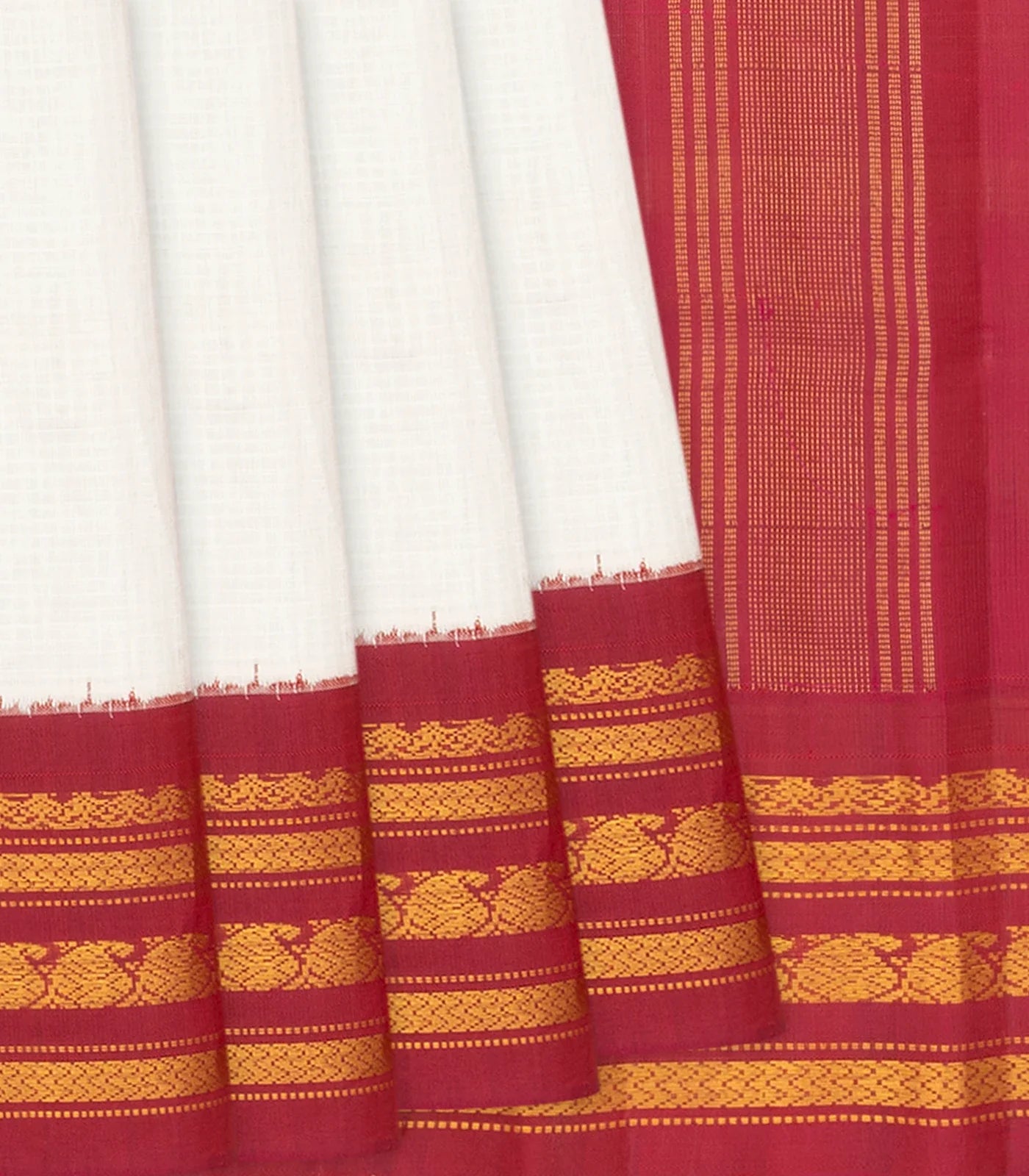 White Handloom Gadwal Cotton Saree With Contrast Border-White