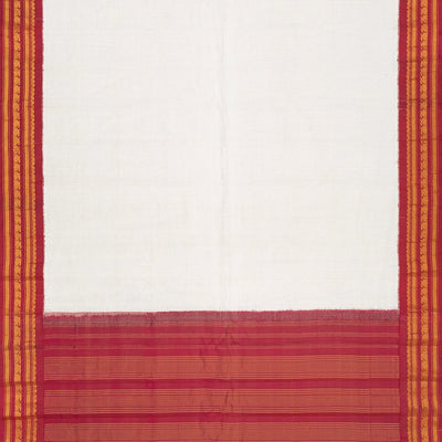 White Handloom Gadwal Cotton Saree With Contrast Border-White