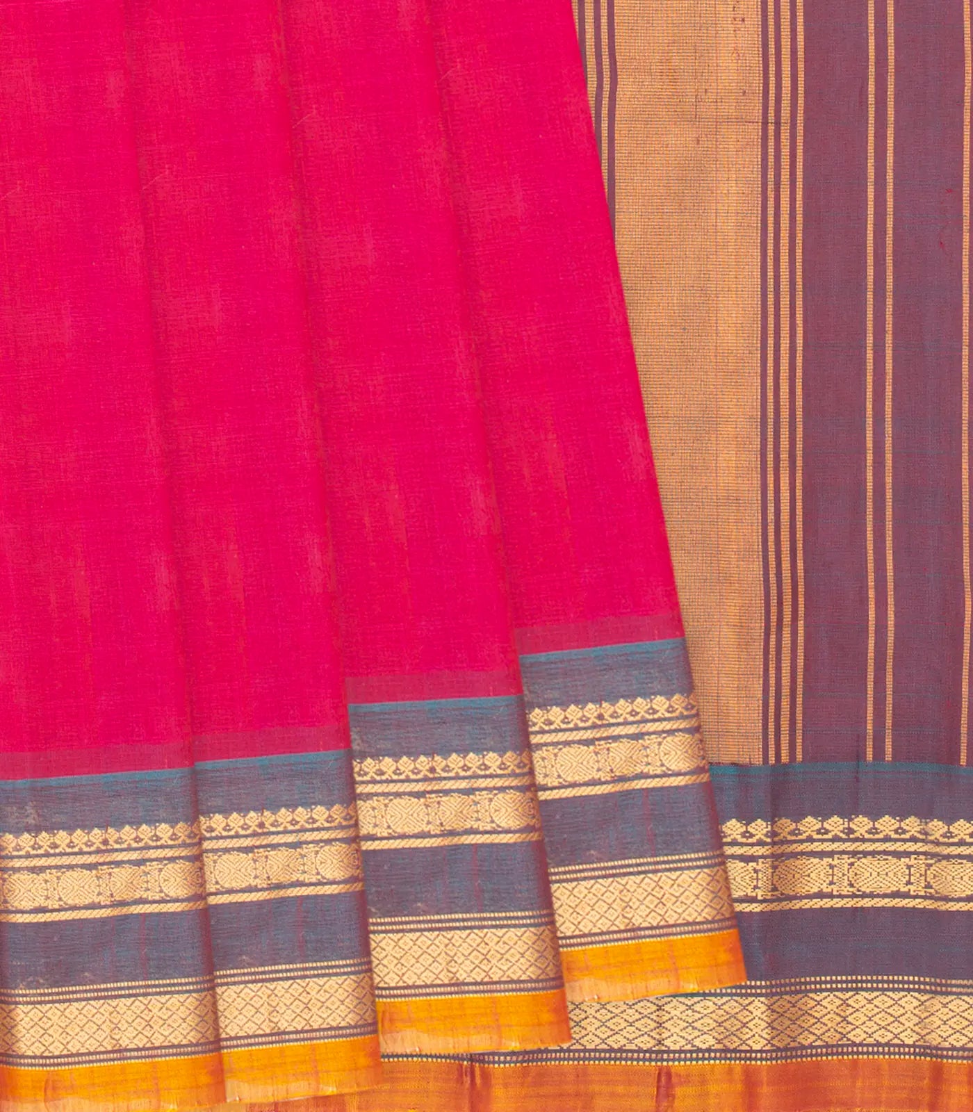 Hot Pink Handloom Gadwal Cotton Saree With Contrast Border-Hot Pink