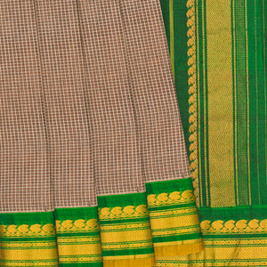 Beige Handloom Gadwal Cotton Saree With Checks & Contrast Border-Beige