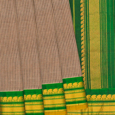 Beige Handloom Gadwal Cotton Saree With Checks & Contrast Border-Beige