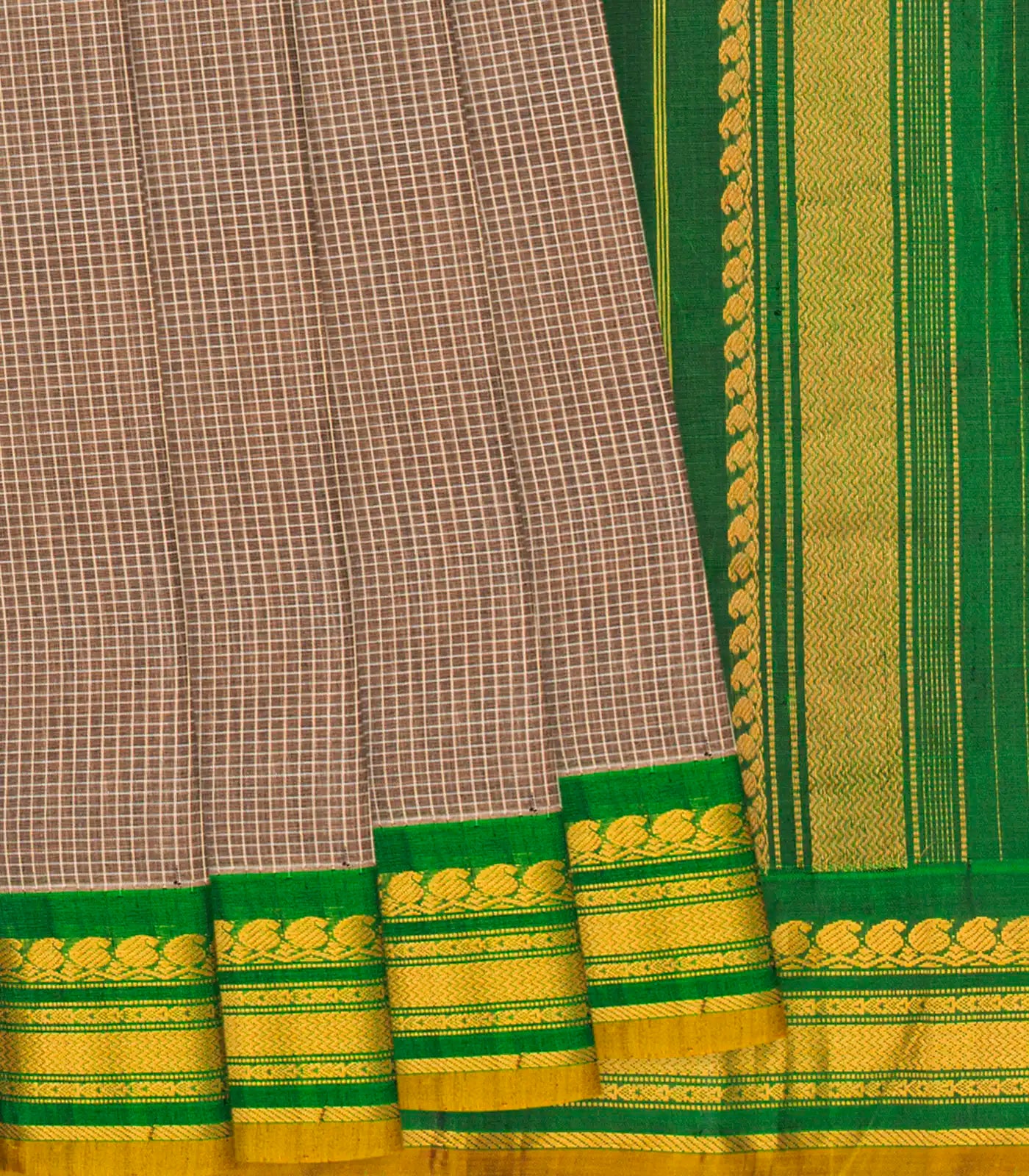 Beige Handloom Gadwal Cotton Saree With Checks & Contrast Border-Beige