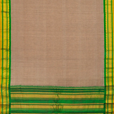 Beige Handloom Gadwal Cotton Saree With Checks & Contrast Border-Beige