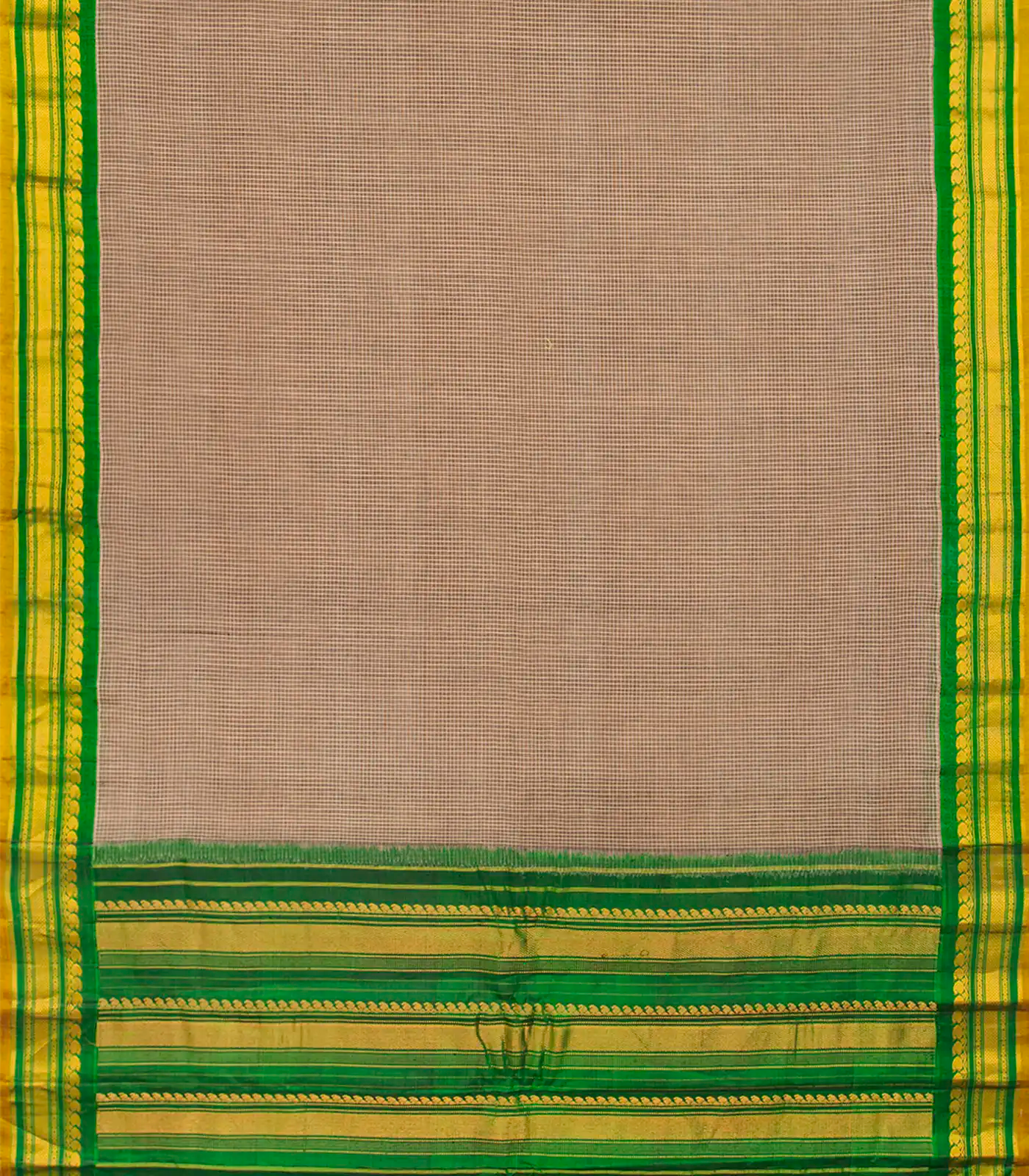 Beige Handloom Gadwal Cotton Saree With Checks & Contrast Border-Beige