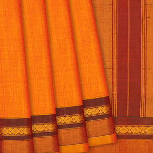 Orange Handloom Gadwal Cotton Saree With Flower Bud Motifs-Orange