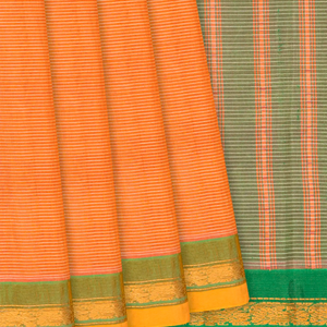 Orange Handloom Gadwal Cotton Saree With Stripes-Orange