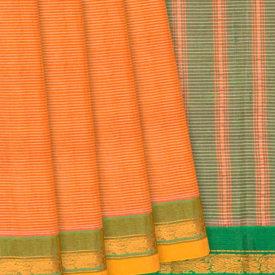 Orange Handloom Gadwal Cotton Saree With Stripes-Orange