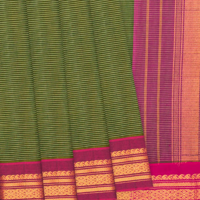 Dark Green Handloom Gadwal Cotton Saree With Stripes-Dark Green