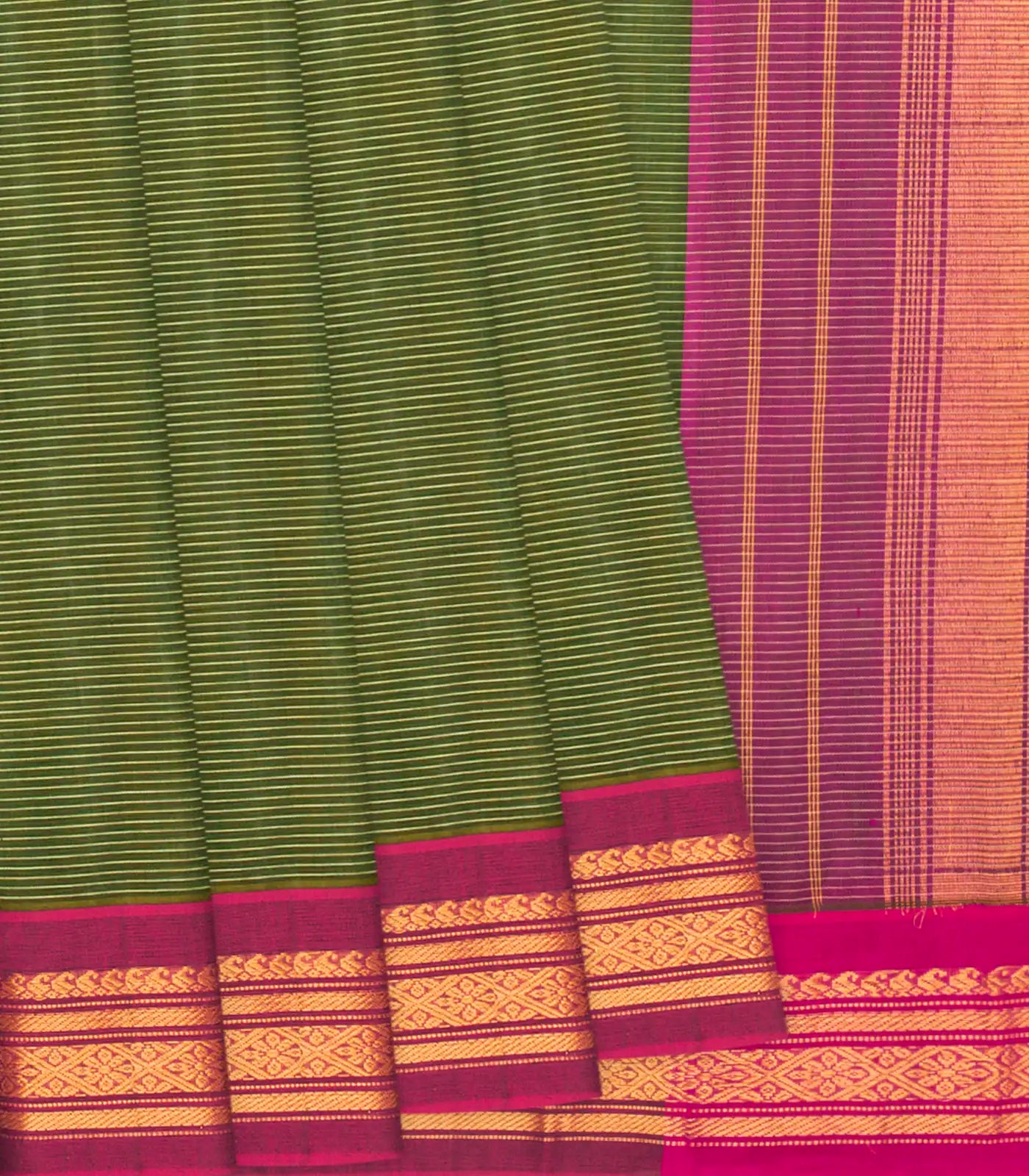 Dark Green Handloom Gadwal Cotton Saree With Stripes-Dark Green