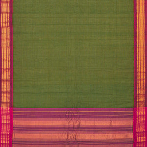 Dark Green Handloom Gadwal Cotton Saree With Stripes-Dark Green