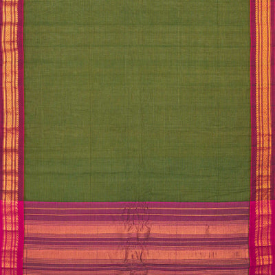 Dark Green Handloom Gadwal Cotton Saree With Stripes-Dark Green