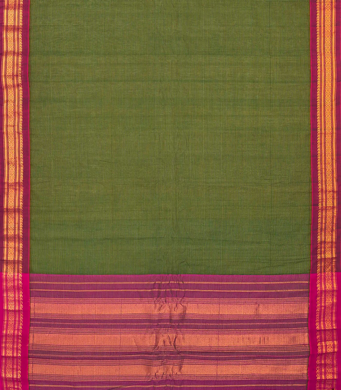 Dark Green Handloom Gadwal Cotton Saree With Stripes-Dark Green