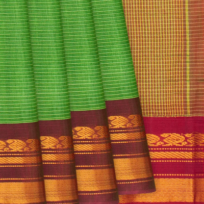 Light Green Handloom Gadwal Cotton Saree With Stripes -Light Green