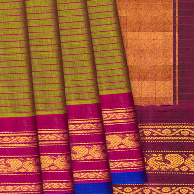 Sage Green Handloom Gadwal Cotton Saree With Stripes -Sage Green