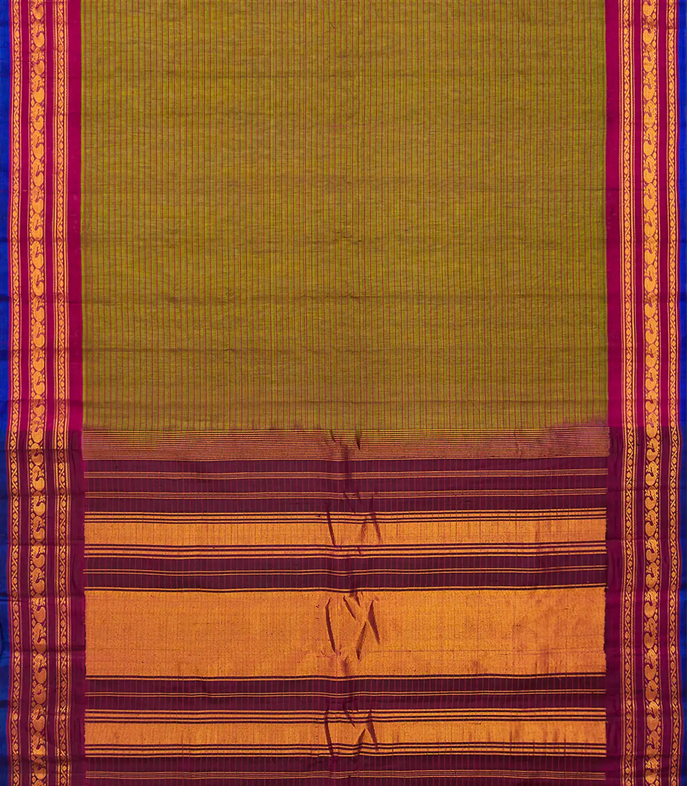 Sage Green Handloom Gadwal Cotton Saree With Stripes -Sage Green