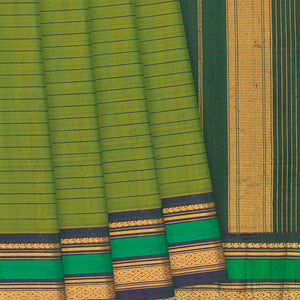 Green Handloom Gadwal Cotton Saree With Stripes-Green