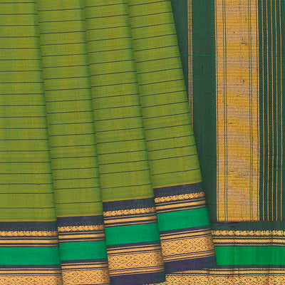 Green Handloom Gadwal Cotton Saree With Stripes-Green