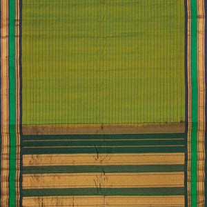Green Handloom Gadwal Cotton Saree With Stripes-Green
