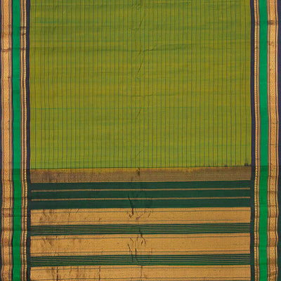 Green Handloom Gadwal Cotton Saree With Stripes-Green