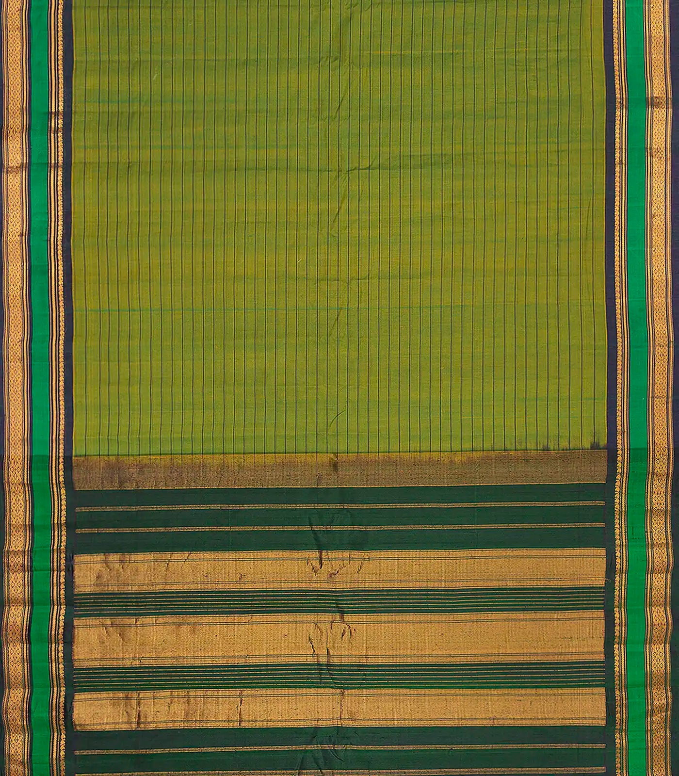 Green Handloom Gadwal Cotton Saree With Stripes-Green