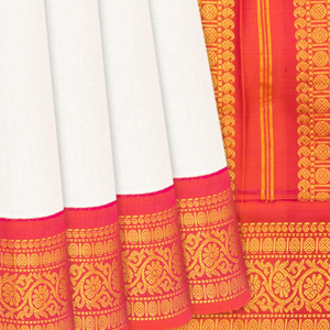 White Handloom Gadwal Silk Cotton Saree With Red Border-White