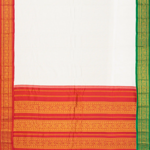 White Handloom Gadwal Silk Cotton Saree With Red Border-White