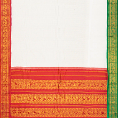 White Handloom Gadwal Silk Cotton Saree With Red Border-White