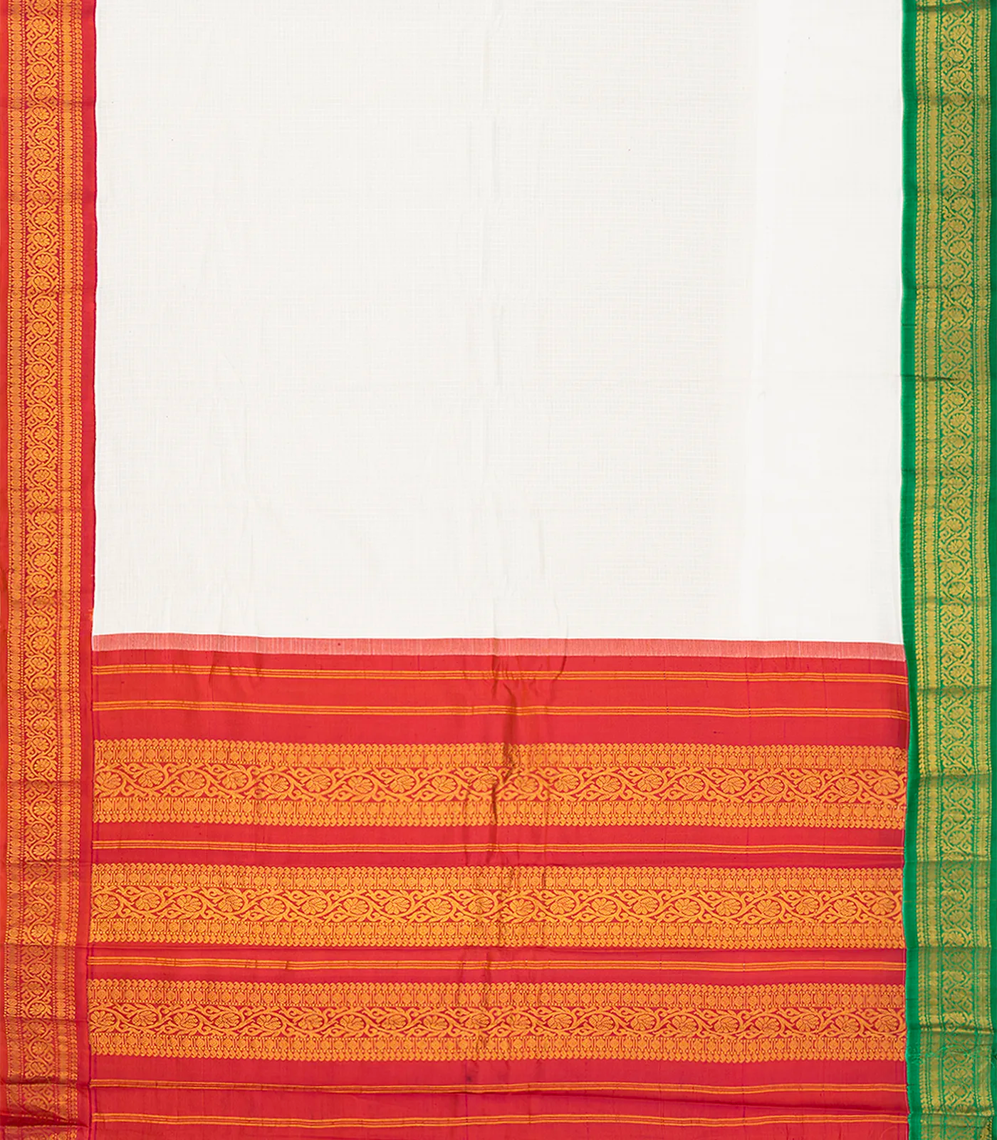 White Handloom Gadwal Silk Cotton Saree With Red Border-White