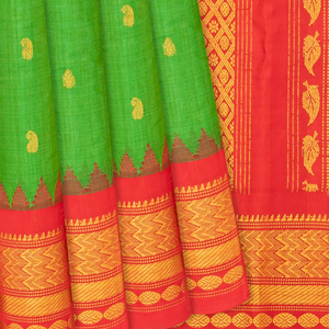 Leafy Green Handloom Gadwal Silk Cotton Saree With Mango Buttas-Leaf Green