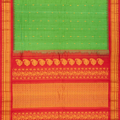 Leafy Green Handloom Gadwal Silk Cotton Saree With Mango Buttas-Leaf Green