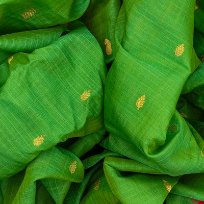 Leafy Green Handloom Gadwal Silk Cotton Saree With Mango Buttas-Leaf Green