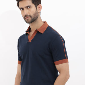 Rare Rabbit Mens Geller Navy Cotton Fabric Short Sleeves Regular Fit Solid Polo T-Shirt