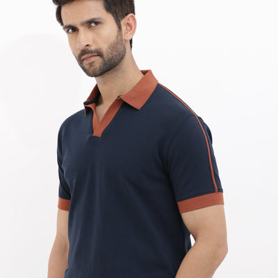 Rare Rabbit Mens Geller Navy Cotton Fabric Short Sleeves Regular Fit Solid Polo T-Shirt