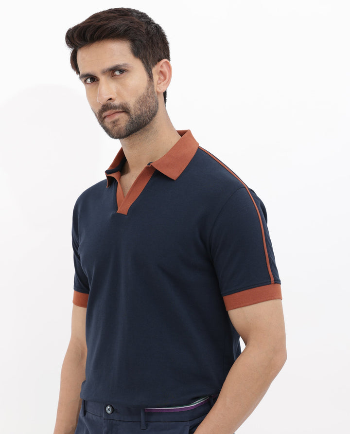 Rare Rabbit Mens Geller Navy Cotton Fabric Short Sleeves Regular Fit Solid Polo T-Shirt