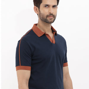 Rare Rabbit Mens Geller Navy Cotton Fabric Short Sleeves Regular Fit Solid Polo T-Shirt