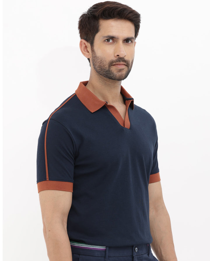 Rare Rabbit Mens Geller Navy Cotton Fabric Short Sleeves Regular Fit Solid Polo T-Shirt