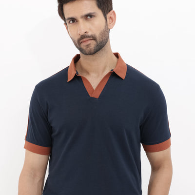 Rare Rabbit Mens Geller Navy Cotton Fabric Short Sleeves Regular Fit Solid Polo T-Shirt