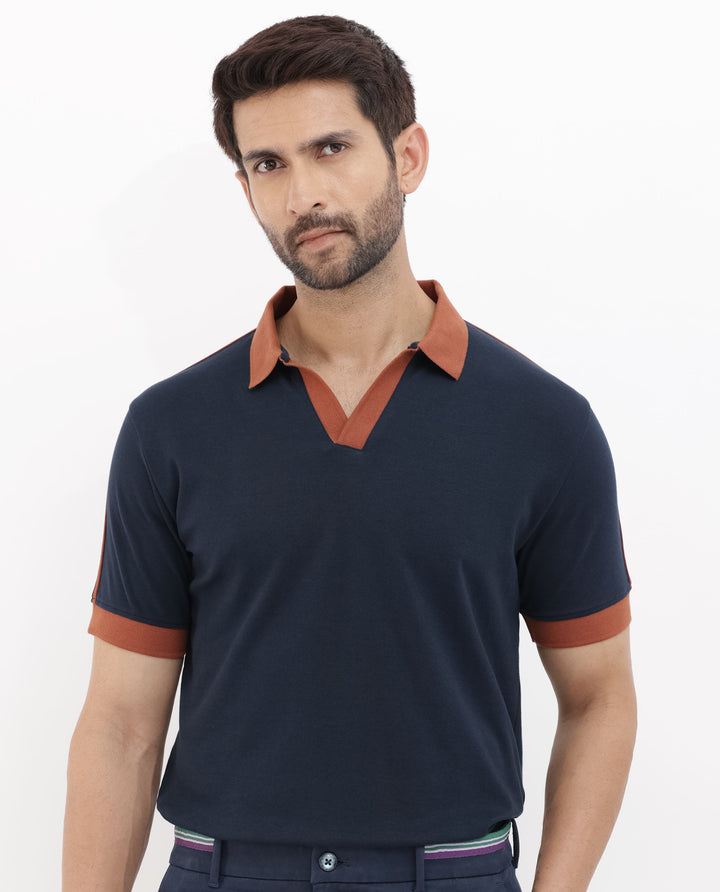 Rare Rabbit Mens Geller Navy Cotton Fabric Short Sleeves Regular Fit Solid Polo T-Shirt