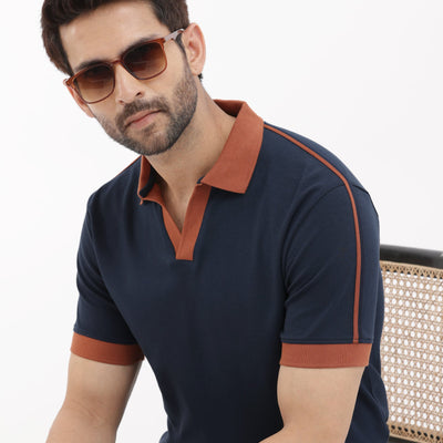 Rare Rabbit Mens Geller Navy Cotton Fabric Short Sleeves Regular Fit Solid Polo T-Shirt