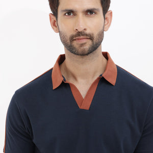 Rare Rabbit Mens Geller Navy Cotton Fabric Short Sleeves Regular Fit Solid Polo T-Shirt