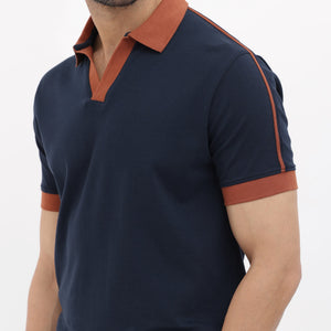 Rare Rabbit Mens Geller Navy Cotton Fabric Short Sleeves Regular Fit Solid Polo T-Shirt