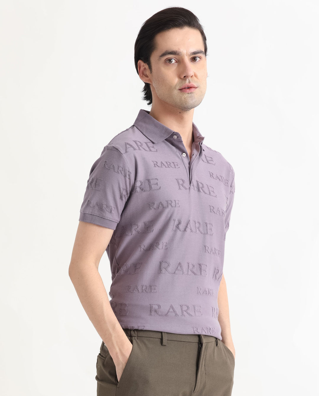 Rare Rabbit Men's Gesset-1 Purple Cotton Fabric Collared Neck Half Sleeves Statement Polo T-Shirt