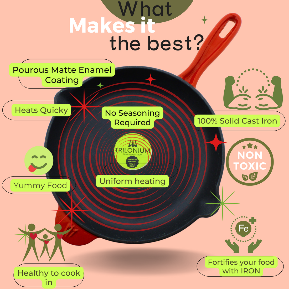 Trilonium Enamel Cast Iron 26 cm Skillet | Pan | Red