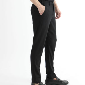 Rare Rabbit Men's Glade Black Solid Mid-Rise Slim Fit Trousers