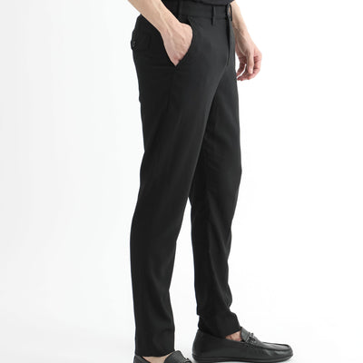 Rare Rabbit Men's Glade Black Solid Mid-Rise Slim Fit Trousers