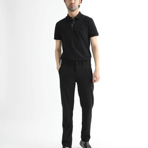 Rare Rabbit Men's Glade Black Solid Mid-Rise Slim Fit Trousers