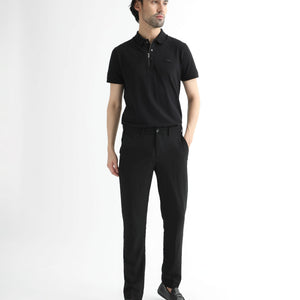 Rare Rabbit Men's Glade Black Solid Mid-Rise Slim Fit Trousers