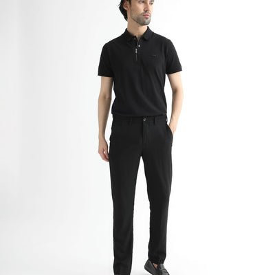 Rare Rabbit Men's Glade Black Solid Mid-Rise Slim Fit Trousers